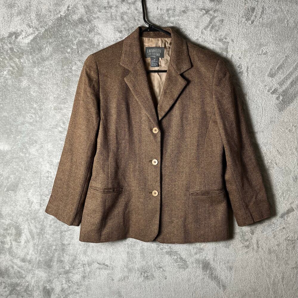 Lafayette 148 Academia Brown Herringbone Blazer Size 10 Office Career Wool Silk
